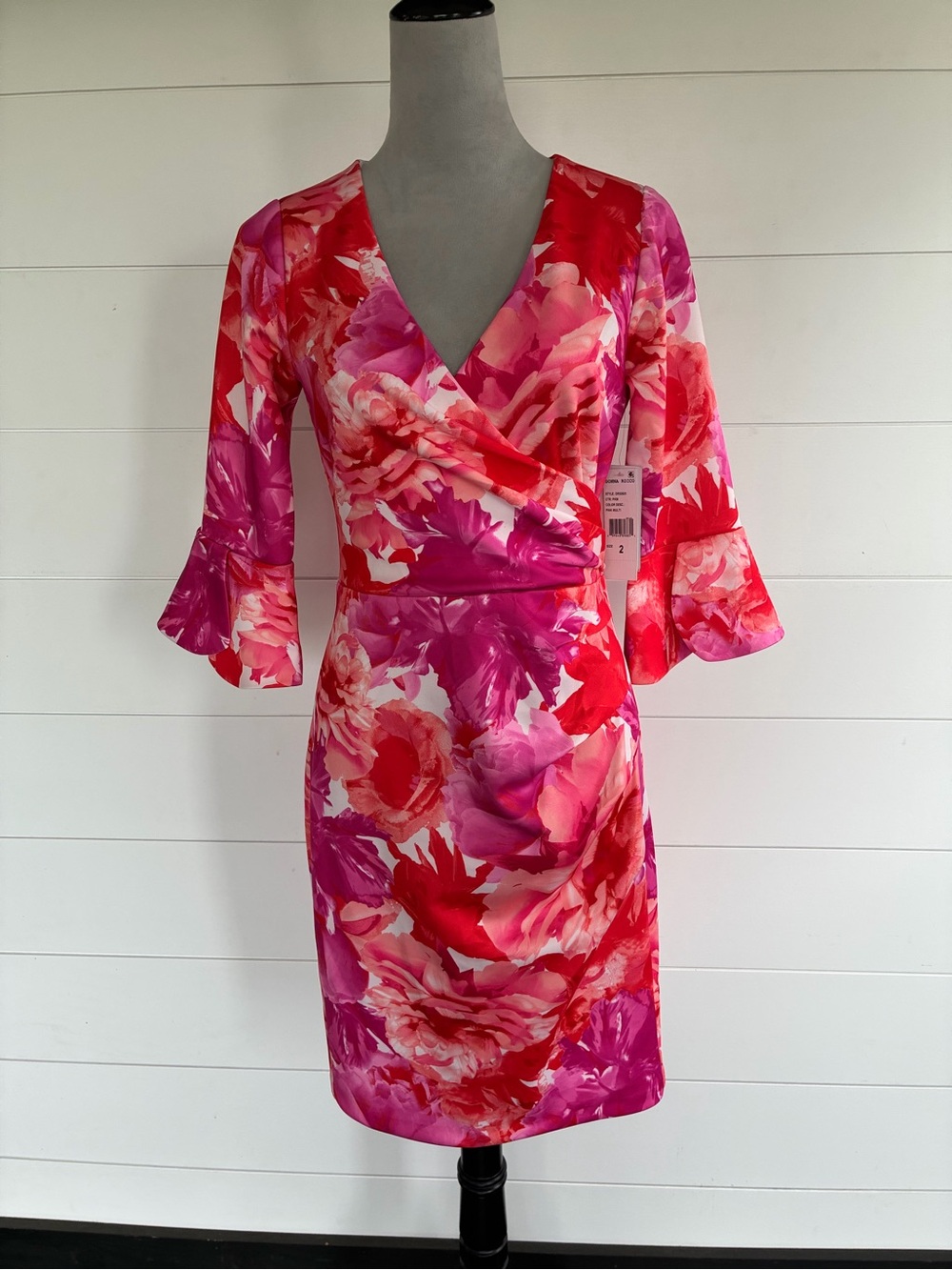 Donna Ricco Pink and Red Floral Midi Dress